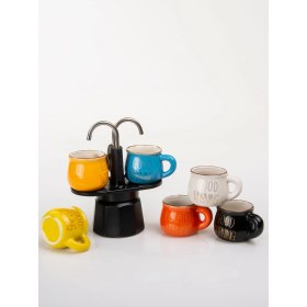 Resim Feyza Design 7 Parça Renkli Porselen Espresso ve Mokapot Seti, Şık Kahve Takımı 