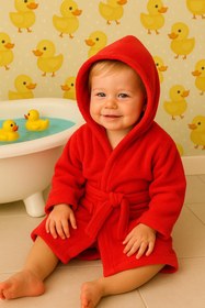 Resim CottonVerse Bebek & Çocuk Kapşonlu Bornoz - %100 Pamuk, Unisex Kırmızı - Kırmızı / 5-6 Yaş 