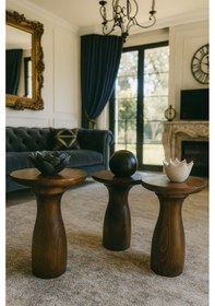 Resim Ceviz Renk 3 Lü Ahşap Mantar Sehpa Modern Zigon Ve Fiskos Seti Kahverengi 