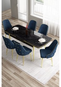Resim Canisa Tia Serisi 80x132 Açılabilir Mdf Siyah Mermer Desen Gold Detay Masa Takımı Ve 6 Lacivert Sandalye Masa Siyah Mermer Desen Sandalye Lacivert 