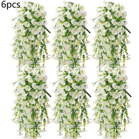 Resim 6 Adet Yapay Okaliptüs & Sabah Çiçeği - Gerçekçi Dış Mekan/İç Mekan Asma Sarmallar, Beyaz Çiçekler ve Yeşil Yapraklar ile, Hava Koşullarına Dayanıklı Plastik Düğün, Ev, Bahçe, Duvar Dekoru - Bakım Gerektirmez, Ev Dekorasyonu için Yapay Bitkiler, Canlı Kontrast Tasarım, Doğal Görünümlü Yapraklar 