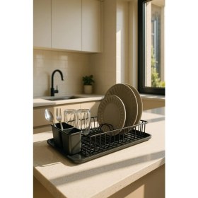 Resim Siyah Metal Tezgah Üstü Bulaşıklık ve Kurutmalık, Tepsili ve Kaşıklıklı, Tek Katlı 