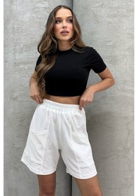 Resim Lesa Wear Yüksel Bel Bol Kesim Keten Görünümlü Çift Cepli Şort Beyaz 