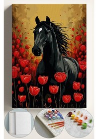 Resim Sayılarla Boyama Seti Numaralı Tuval Fırça Boya 40x50 Cm - At Ve Laleler 