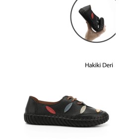 Resim Gönderi(r) Kadın Siyah Dolgu Taban Bağcıklı Hakiki Deri Comfort Ayakkabı 