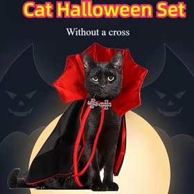 Resim Cadılar Bayramı Kedi Kostümü Pelerin Seti Yaka ile - Küçük Irk Boyutu Vampir Evcil Hayvan Giysisi, %100 Polyester, Makinede Yıkanabilir, Tüm Sezon Sonbahar Giyim, Vegan Dostu - Kediler İçin Şenlikli Parti Aksesuarı 