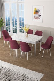 Resim Canisa Zen Serisi 80x132 Mdf Açılabilir Beyaz Mermer Desen Masa Takımı Ve 6 Bordo Sandalye 