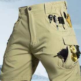Resim Erkekler için Outdoor Hızlı Kuruyan Nefes Alabilen Çok Cepli İş Şortları, Elastik Bel Düz Renkli Yürüyüş ve Balıkçılık İçin Uygun Hafif Şortlar 