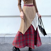 Resim Kadınların Yüksek Belli Ekose A-Line Etek - Elastik Bel, Geniş Etek, Kontrast File Detay, Tatil Stili, Tüm Mevsimler İçin Giyim, Kırmızı ve Bej Renkli Scheme, Rahat Akışlı Etek | Aline Siluet | Dokuma Tekstür 