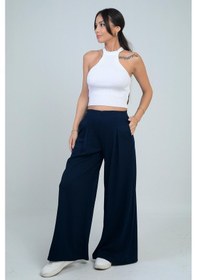 Resim By Saygı Kadın Beli Lastikli Cepli Önü Pileli Bol Paça Osyho Pantolon-41743 Lacivert 