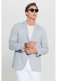Resim AC&Co / Altınyıldız Classics Erkek Indıgo 360 Her Yöne Esneyen Slim Fit Dar Kesim Mono Yaka Armürlü Torba Cepli Blazer Ceket Indıgo 