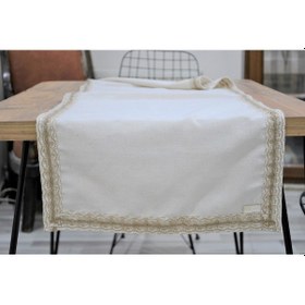 Resim Dnc Home Tekstil Ndchome Özel Tasarım Organik Keten Krem Kum Rengi Dantelli Runner Masa Örtüsü 45 X 150 Krem 