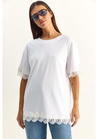 Resim Shade Kadın Bisiklet Yaka Dantel Detaylı Oversize T-shirt 2134 60286120 - Beyaz 