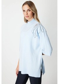 Resim On Fashion Kadın Yarım Kol Tek Omuz Zincirli Mavi Kazak 65381 Mavi 