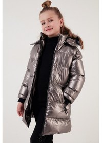 Resim Lela Peluş Astarlı Yakası Suni Kürklü Çıkarılabilir Kapüşonlu Kışlık Kız Çocuk Mont 5761908 Bronz 