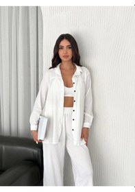 Resim Moderie Butik Yakalı Düğmeli Uzun Kollu Gömlek Pantolon Ikili Takım - Beyaz Beyaz 