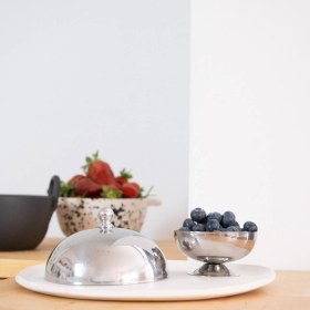 Resim Beige & Stone Paslanmaz Çelik Tatlı Pasta Meyve Sunum Fanus – 13 cm 