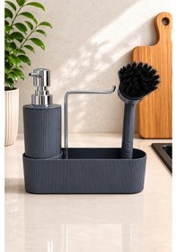 Resim Gri Mutfak Düzenleyici Sabunluk Ve Fırçalık Seti Lavabo Üstü Organizer 