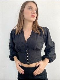 Resim Mois Atelier Siyah Crop Top Bluz Gömlek, Tasarım, Hediye, Büyük Beden Siyah 
