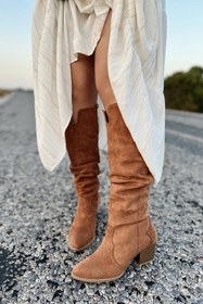 Resim POLKA STORE Desert Uzun Diz Altı Western Süet Taba Kahverengi Kadın Körüklü Kovboy Çizme 