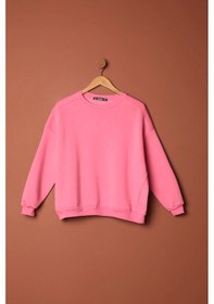 Resim Üç İplik Sıfır Yaka Çimalı Kadın Pembe Sweat Çok Renkli 