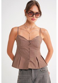 Resim Mixray 4737 Kadın Düğmeli Kuplu Pileli Bluz Moka Moka 