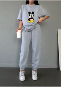 Resim CLAYES Mickey Mouse T-shirt Eşofman Altı Jogger - Gri Baskılı Alt Üst Eşofman Takımı Oversize Bisiklet Yaka 