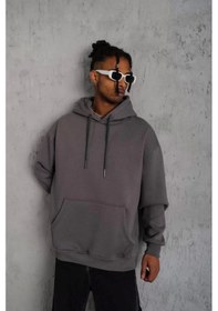 Resim Erkek Düz Kapüşonlu Sweat - Gri 