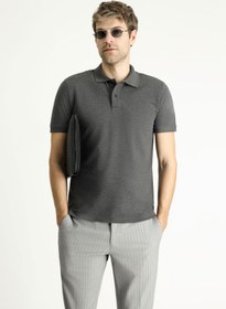Resim Koyu Antrasit Slim Fit Dar Kesim Nakışlı Pamuk Polo Yaka Tişört 