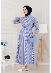 Resim Sevitli Çizgili Cepli Tesettür Elbise-lacivert-5135 Lacivert 