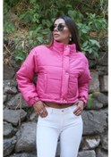 Resim Kadın Pembe Dik Yaka Çıtçıtlı Fermuarlı Kısa Şişme Mont - 40 Pembe 