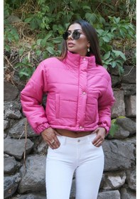 Resim Kadın Pembe Dik Yaka Çıtçıtlı Fermuarlı Kısa Şişme Mont - 40 Pembe 