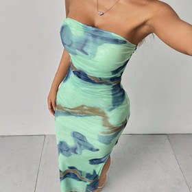 Resim Şık Straplez Dar Kesim Yan Yırtık Mesh Baskılı Kadın Elbisesi, Yüksek Yırtık Detay, Bandeau Stili, Yetişkin Yaz Bodycon Elbisesi 