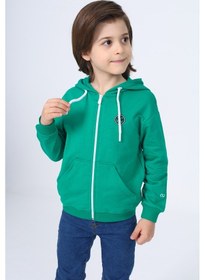 Resim Toontoy Kids Toontoy Erkek Çocuk Kapüşonlu Fermuarlı Cepli Düşük Omuz Baskılı Örme Hırka - 3 İplik Şardonsuz Koyu Yeşil 