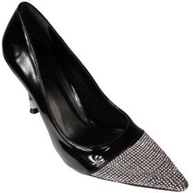 Resim Yazkış Kadın Siyah Gümüş Cilt Önü Ve Topuğu Taşlı 9cm İnce Topuk Stiletto Ayakkabı Siyah 