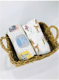 Resim Çok Amaçlı Hayvan Desen Müslin Bezi Örtü Battaniye 110 X 110 Cm 2 Adet Çok Renkli 