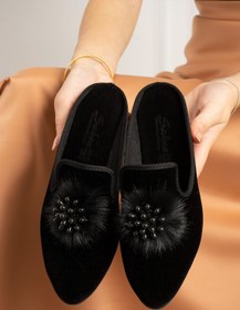 Resim FUGA MODA Mayer Siyah Yuvarlak Taş Detaylı Tüylü Önü Kapalı Elegant Ev Terliği 