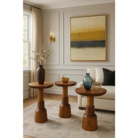 Resim Doğal Meşe Ahşap Mantar Sehpa 3lü Set Fiskos & Zigon Takımı 