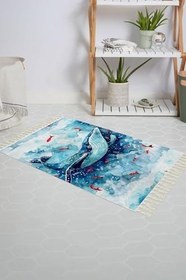 Resim Tropik Home Banyo Paspası Balık Desenli Baskılı 50x80 Püsküllü Polyester Kaymaz Tabanlı Duş Paspası 