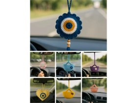 Resim Amigurumi Araba Dikiz Aynası Süsü & Anahtarlık & Çanta Askısı - El Örgüsü Lacivert Nazar Boncuğu 