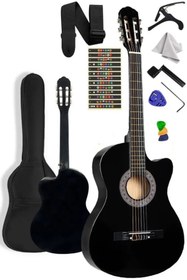 Resim Saatistan Kesik Kasa Siyah Klasik Gitar Seti, Kılıf, Pena, Kapo, Çevirici ve Askı 