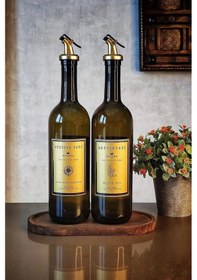 Resim Khakma Ahşap Standlı Zeytinyağı Sıvıyağ Şişesi Yağdanlık 2'li Amber - Gold 750 ML 