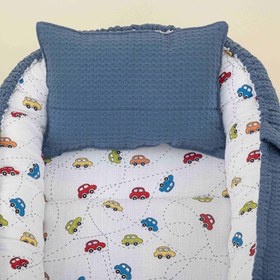 Resim Babynest ve Yastık- Çift Taraflı - İndigo Petek - Renkli Arabalar 
