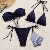 Resim Seksi Moda Kadın Plaj Tatil Bikini Seti, Yan Bağ Detaylı 3 Parça Düz Renkli Mayo, Örgü Kumaş, Polyester, Orta Esneklik, Mayo Bikini Alt ve Üst Kombosu 