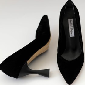 Resim Ayakkabı Podyumum "stiletto" Siyah Süet - Orta Boy Kadeh Topuk, V Ağız Parmak Dekolteli Kadın Ayakkabısı 
