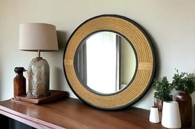 Resim Dfn Wood Siyah Çerçeveli Jut Halatlı Yuvarlak Dekoratif Duvar Salon Banyo Aynası 97 Cm Çap 
