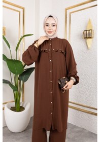 Resim Nevayla Moda Ayrobin Kumaş İnci Detaylı Takım / T105 - Kahverengi Kahverengi 