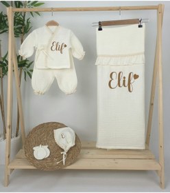 Resim Gros Shop Müslin Yeni Doğan 4katlı Organik %100pamuk Kişiye Özgü Nakışlı Hastane Çıkış Seti Kalpli Model-8 Ekru-2 