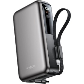 Resim YESIDO YP90E Dijital Göstergeli 10.000 mAh 22.5W PD Hızlı Şarj Destekli Makaralı Type C ve Lightning Kablolu 5in1 Powerbank - Siyah 