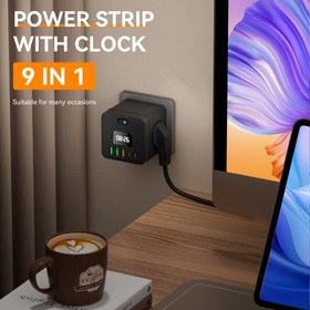 Resim 9'lu çoklu fişli saat priz adaptörü, aşırı yük koruması ile, 3 USB portu (2 USB C), 3 fişli priz bölücü, ev, ofis, yatak odası ve seyahat için ideal, siyah ve beyaz renklerde mevcut 